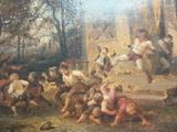 a painting of a group of people playing a game of baseball