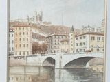 a painting of a bridge over a river with buildings in the background