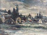 une peinture à l'huile représentant un paysage avec des maisons et une rivière