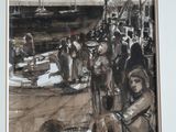 peinture d'un groupe de personnes assises sur une plage près d'un plan d'eau