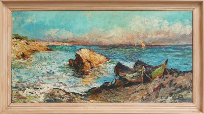une peinture à l'huile représentant un bateau sur l'eau, près d'un rivage rocheux