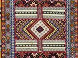 a multicolored rug with a geometric design on it