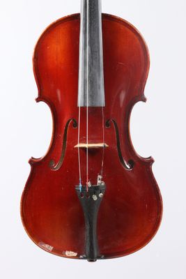 a close up of a violin with a bow on a white background
