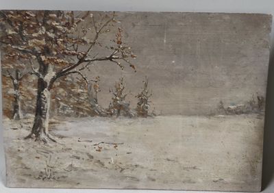 une image représentant un tableau représentant un paysage enneigé avec un arbre au premier plan