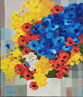 an oil painting of a vase filled with colorful flowers on top of a table