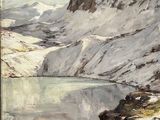 une image représentant un tableau représentant un paysage de montagne avec un lac