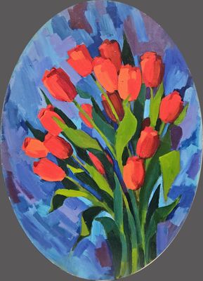 a painting of red tulips in a blue vase