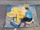 un tableau représentant un homme assis sur un banc