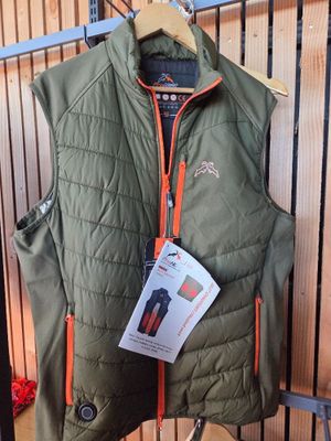 the vest is green and has orange trimmings on it