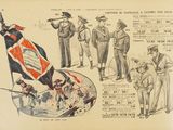 an old newspaper with a drawing of a group of men holding a flag