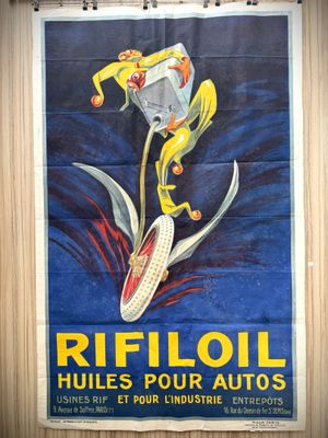 painting of a poster of a man riding a motorcycle with a toilet in the back