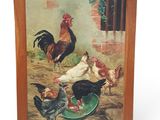 painting of chickens and roosters in a barn by a window