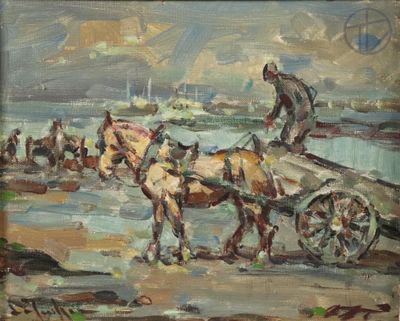 un tableau représentant deux chevaux tirant une charrette sur la plage