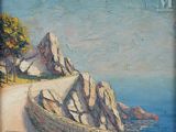 an oil painting of a road leading to the ocean with a mountain in the background