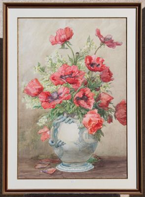 painting of red poppies in a blue vase on a table