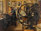 une peinture à l'huile représentant une femme travaillant dans une usine avec un rouet