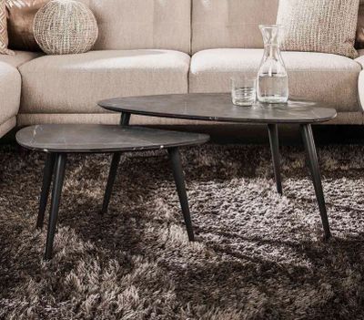 Lot de 2 tables basses forme galet aspect céramique grise, D…