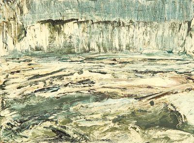 a painting of a man standing on a rock by the water