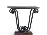 une console en fer noir avec un plateau en marbre reposant sur un piètement en bois