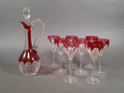 Plusieurs verres à vin et une carafe sont alignés sur une table