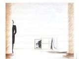 une image représentant le dessin d'un homme en costume debout devant un miroir