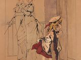 drawing of a woman and a child standing in front of a door