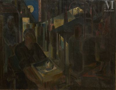 painting of a woman sitting at a table in a dark room