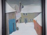 a picture of a painting of a snow covered town
