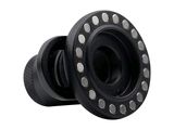 a close up of a pair of black knobs on a white background