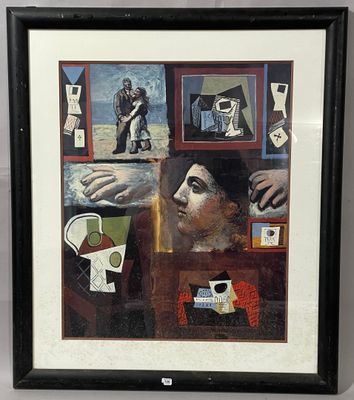 tableau représentant le visage d'une femme, dans un cadre noir accroché à un mur blanc