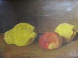 une peinture représentant des fruits posés sur une table, avec un couteau