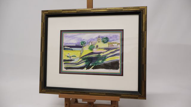 Yves AUBRY (1945-2023) « Paysage à l’église ». Dessin au feutre. ...