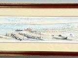 framed watercolor painting of a beach scene with boats on the shore