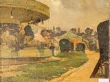 a painting of people riding on a carousel in a park