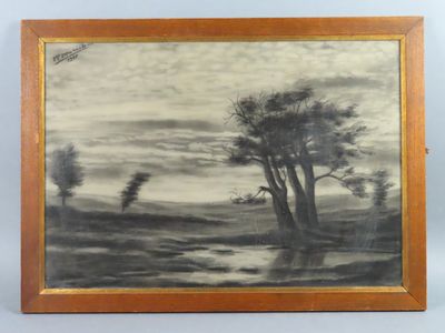 un tableau représentant un paysage avec des arbres et de l'eau, dans un cadre en bois