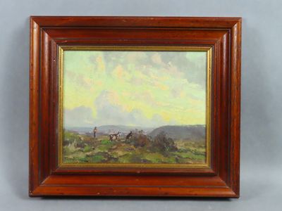une peinture d'un paysage avec une maison au loin