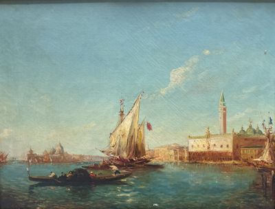 painting of a view of a harbor with boats and buildings in the background