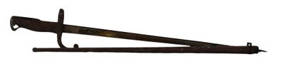 a large knife that is sitting on top of a wooden pole