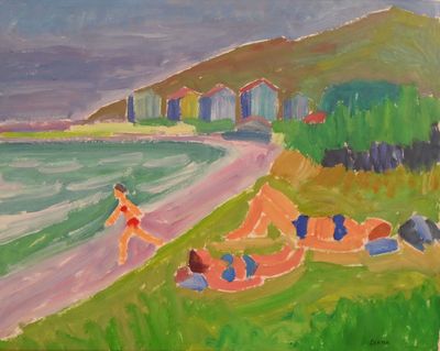 un tableau représentant des personnes allongées dans l'herbe au bord de l'eau