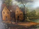 a painting on the wall of a house with a river in front of it