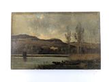 tableau représentant une scène fluviale avec un bateau au premier plan et des montagnes en arrière-plan