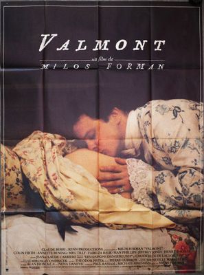 the poster for the movie valmont, which features a man kissing a woman in bed