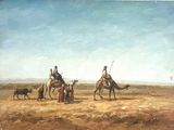 un tableau représentant un groupe de personnes à dos de chameau