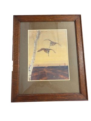 painting of two birds flying over a field with a tree in the background