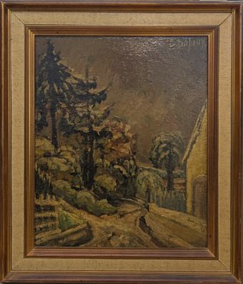 une peinture à l'huile représentant une scène de village avec une calèche au premier plan