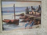 une image d'un tableau représentant un bateau sur la plage