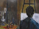 a painting of a man sitting in front of a easel