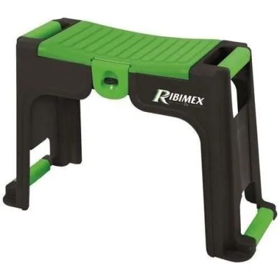 a green and black folding step stool with a handle