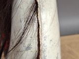 a close up of a horse ' s head on a table