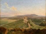 a painting of a landscape with a castle in the distance